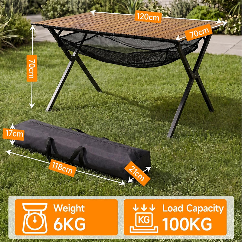 Folding Camping Table 120x70x70CM Large Roll Up Aluminium