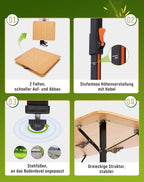Folding Camping Table Bamboo Adjustable Ht. 16-27" Up