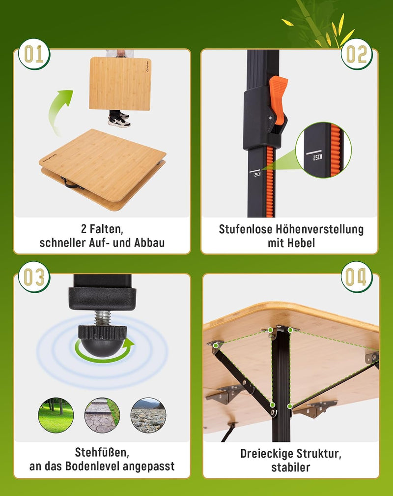 Folding Camping Table Bamboo Adjustable Ht. 16-27" Up