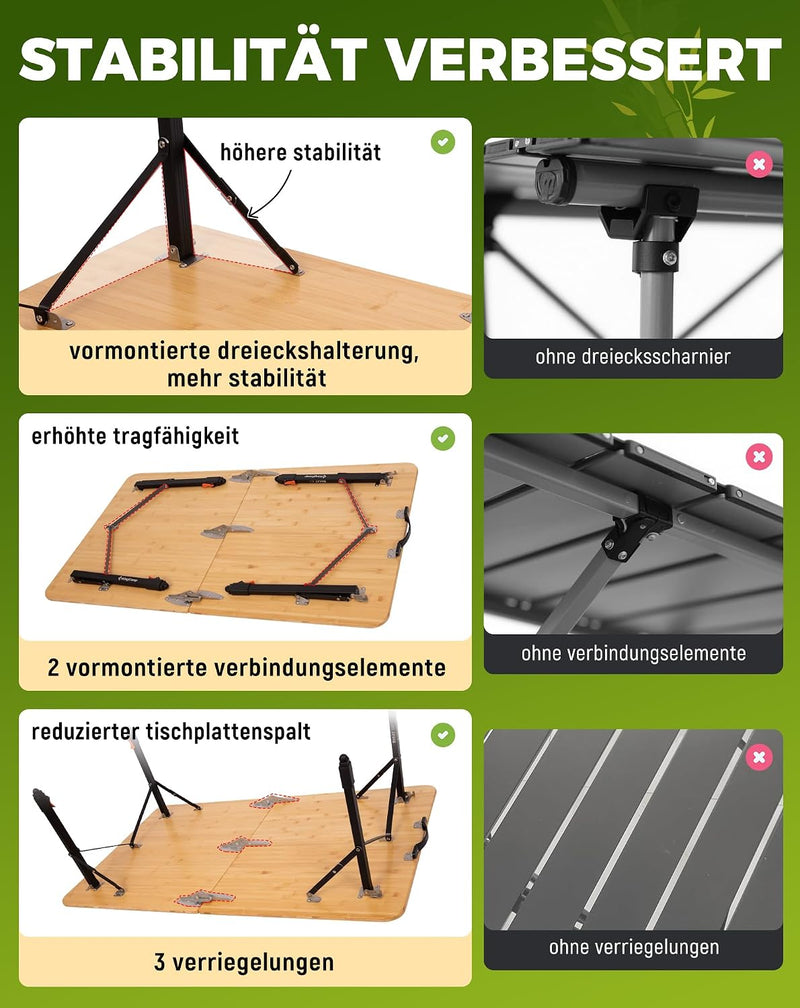 Folding Camping Table Bamboo Adjustable Ht. 16-27" Up