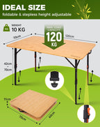 Folding Camping Table Bamboo Adjustable Ht. 16-27" Up