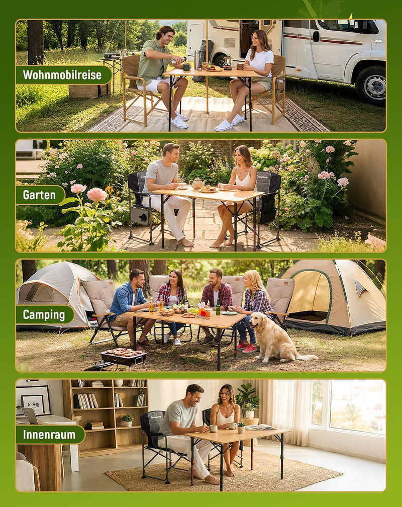 Folding Camping Table Bamboo Adjustable Ht. 16-27" Up