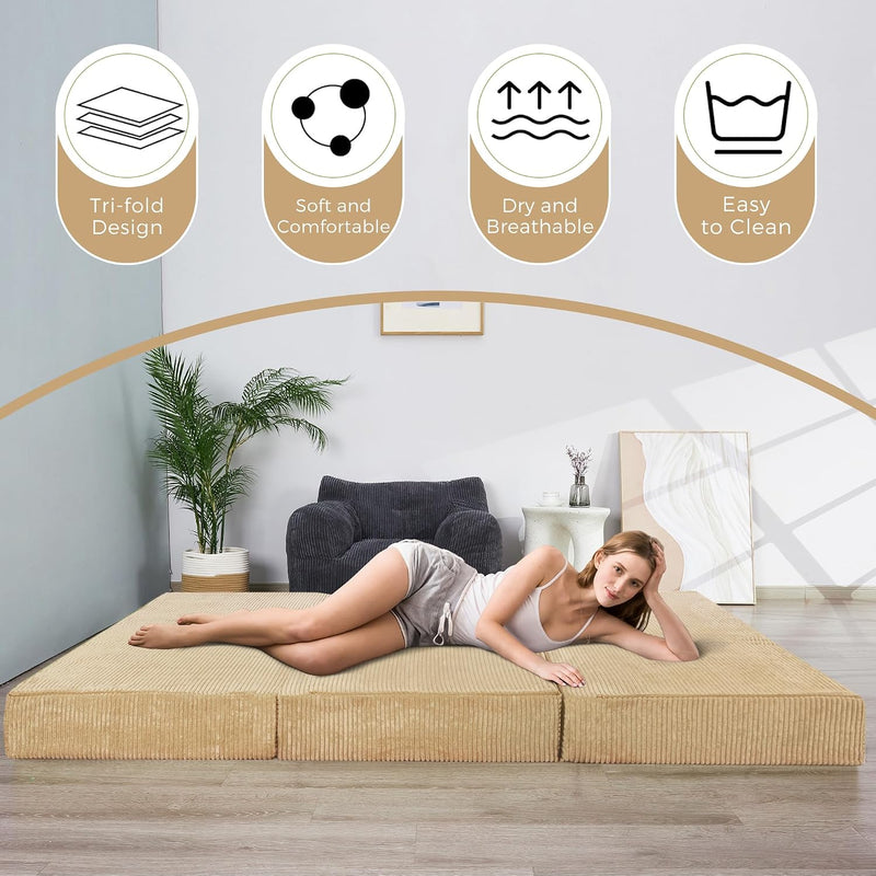 Folding Corduroy Mattress Tri Fold Floor Thick