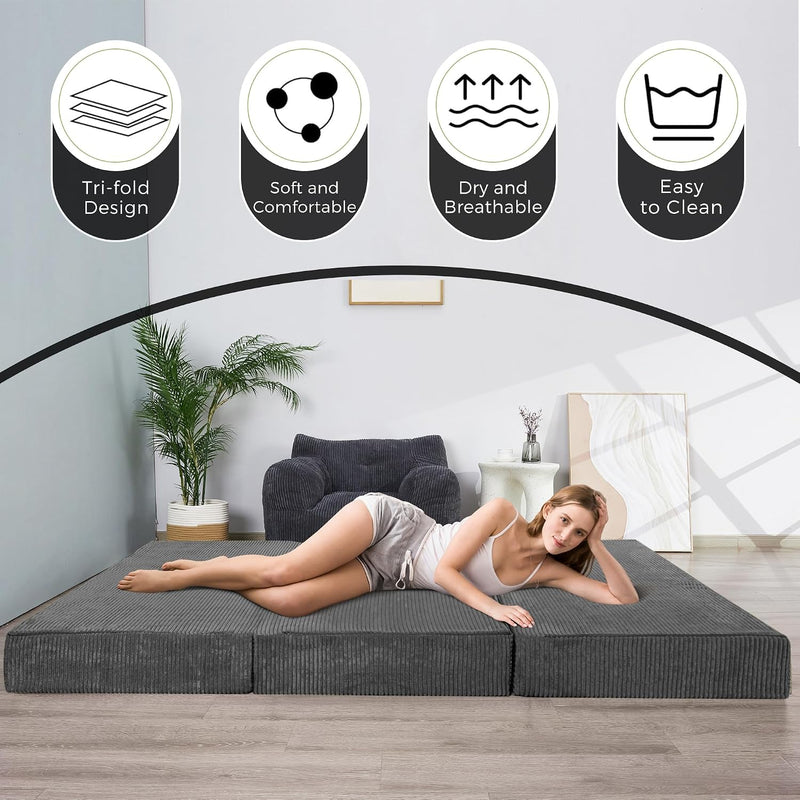 Folding Corduroy Mattress Tri Fold Floor Thick
