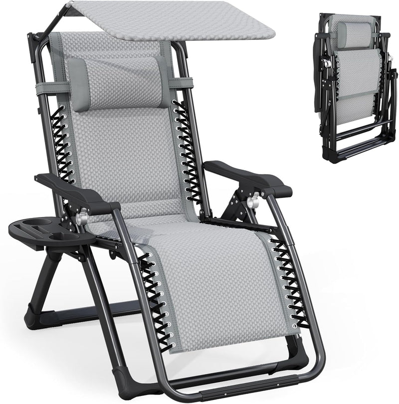 Folding Deck Chair with Sun Canopy Headrest Drink