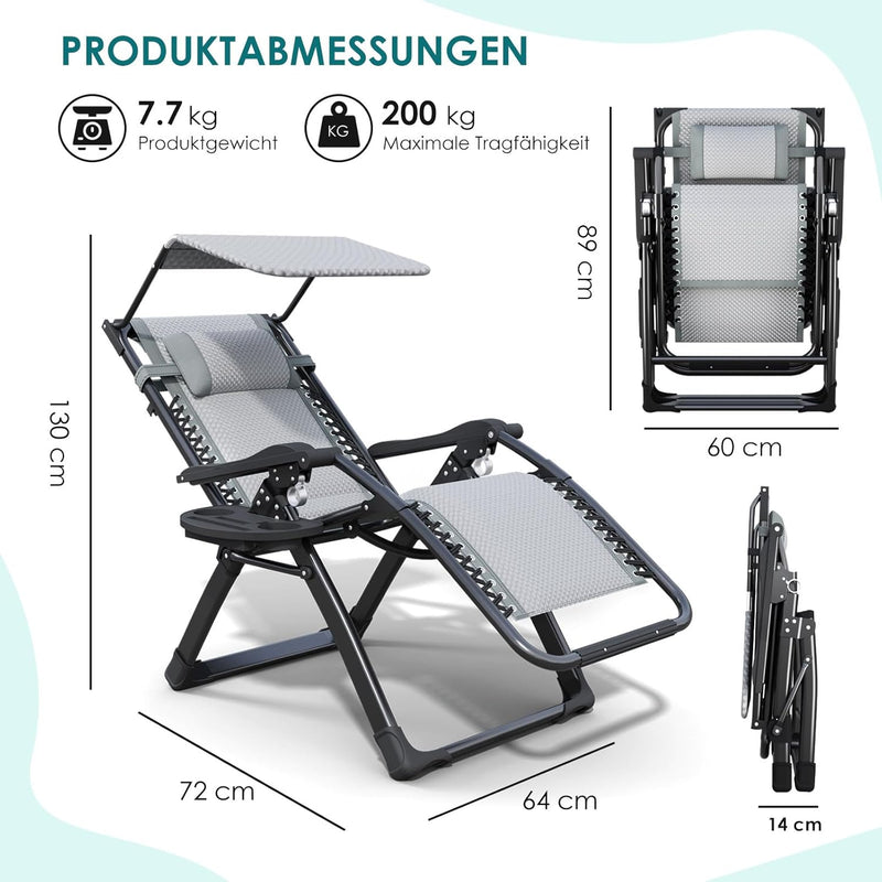 Folding Deck Chair with Sun Canopy Headrest Drink
