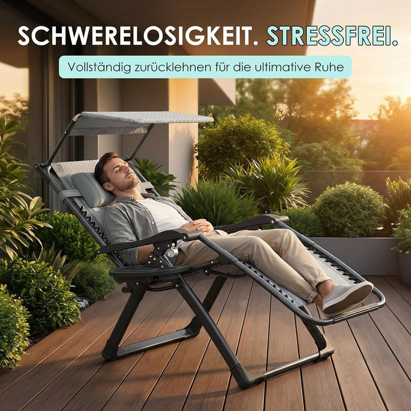 Folding Deck Chair with Sun Canopy Headrest Drink