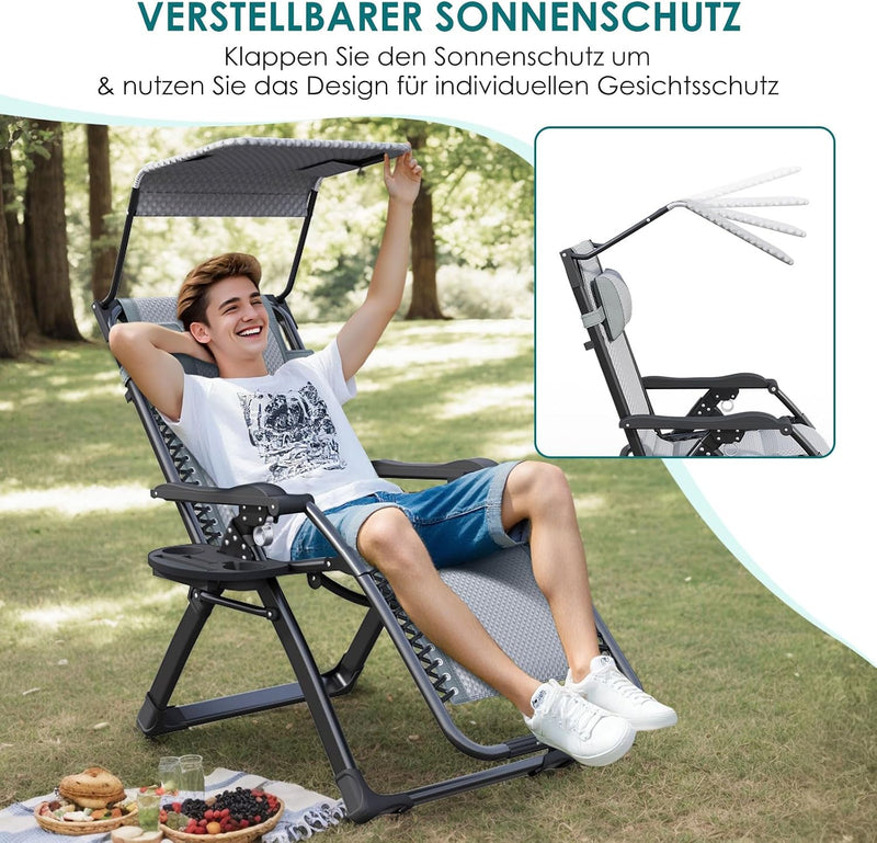 Folding Deck Chair with Sun Canopy Headrest Drink
