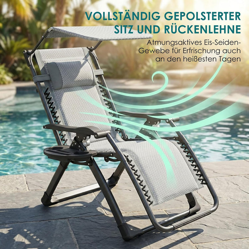 Folding Deck Chair with Sun Canopy Headrest Drink