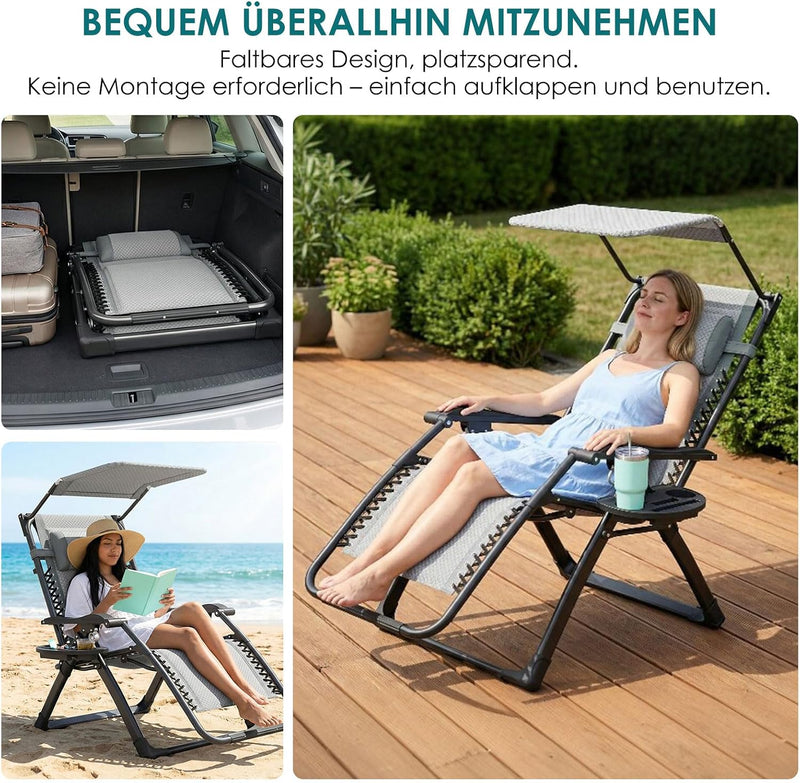Folding Deck Chair with Sun Canopy Headrest Drink