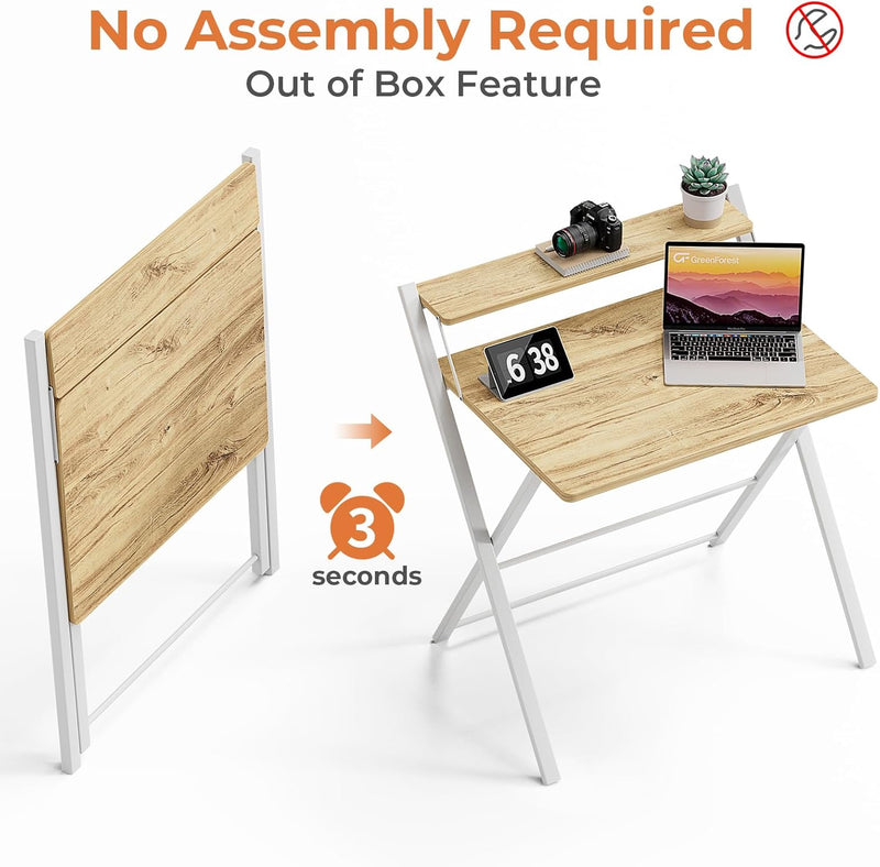 No Assembly Required Folding Desk with Monitor Shelf