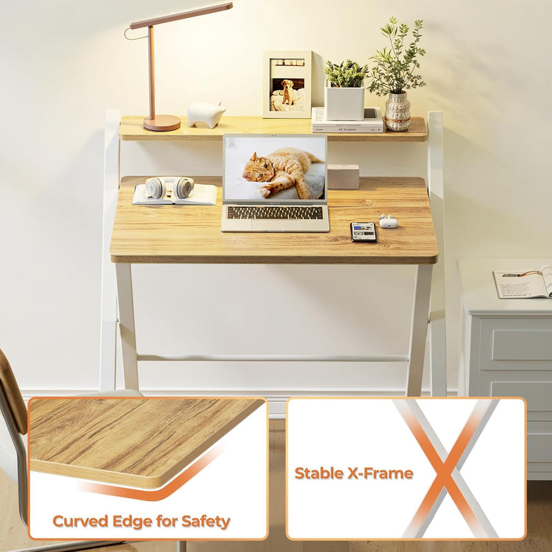 No Assembly Required Folding Desk with Monitor Shelf