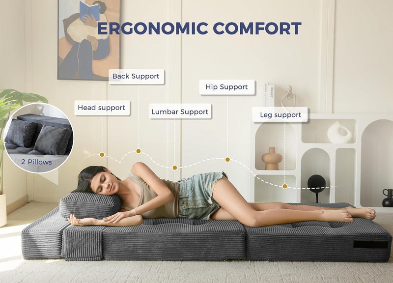 Folding Foam Sofa Bed Tri-Fold Mattress with Pillow