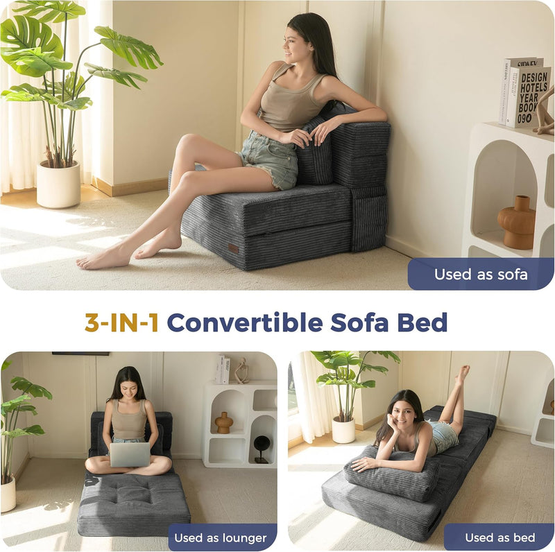 Folding Foam Sofa Bed Tri-Fold Mattress with Pillow