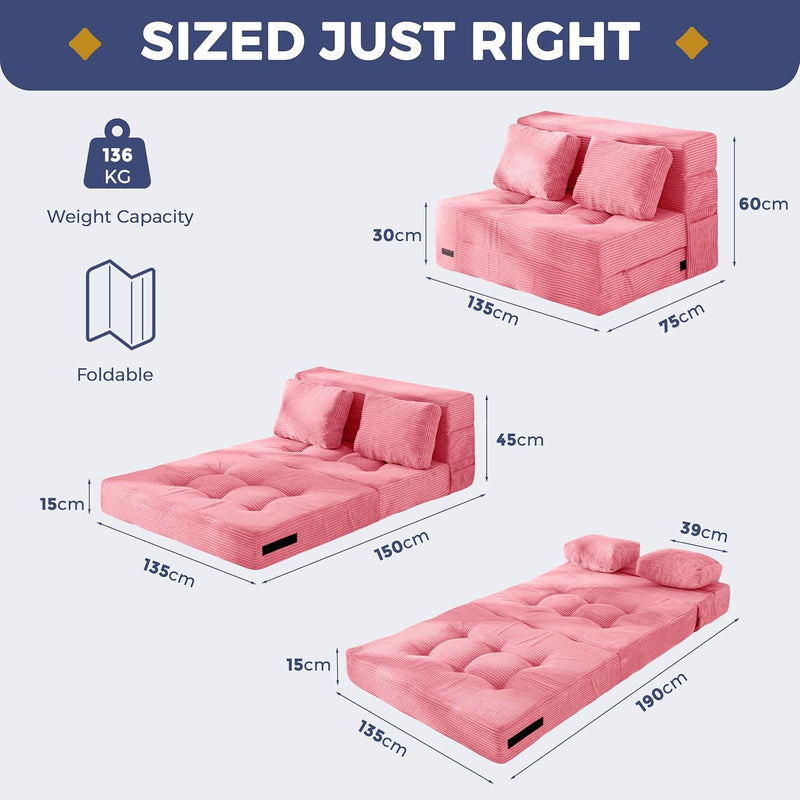 Folding Foam Sofa Bed Tri-Fold Mattress with Pillow