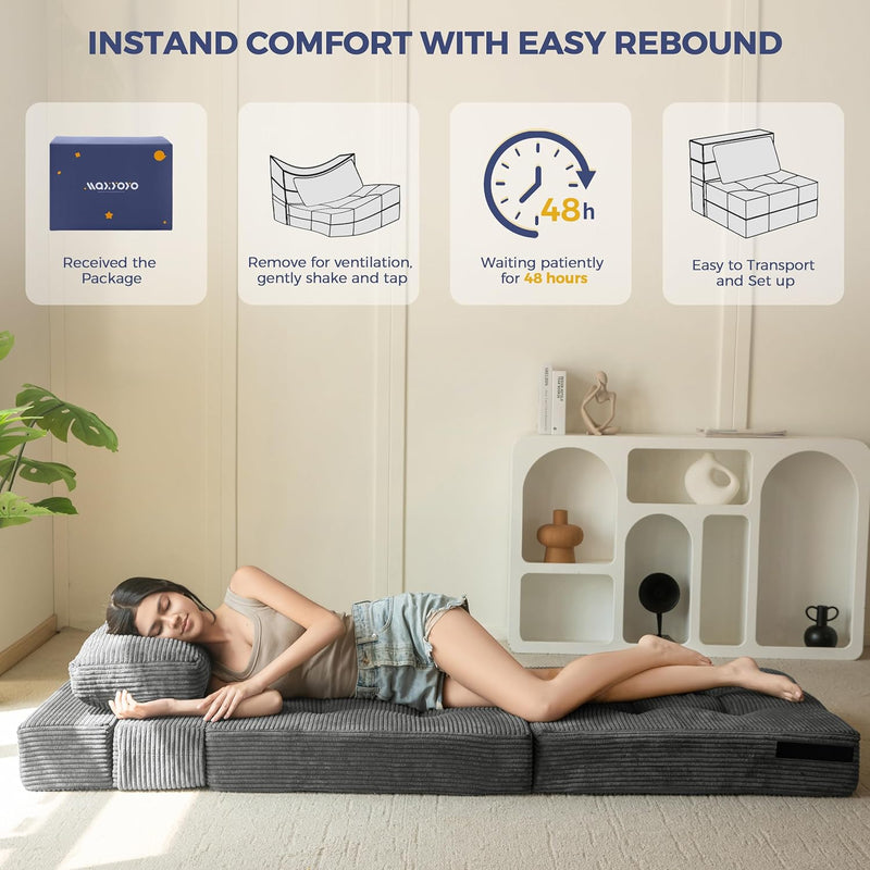 Folding Foam Sofa Bed Tri-Fold Mattress with Pillow