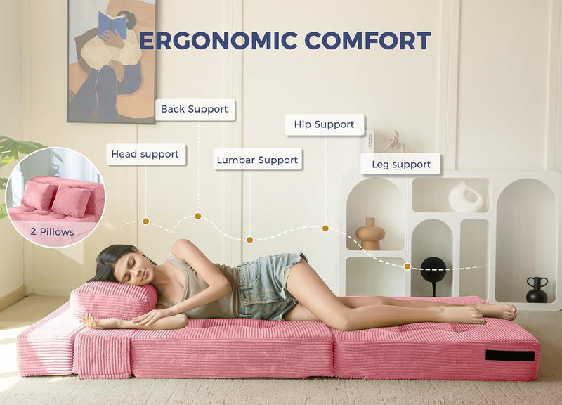 Folding Foam Sofa Bed Tri-Fold Mattress with Pillow
