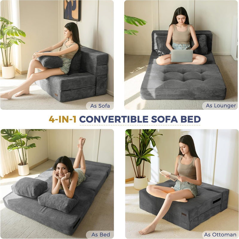 Folding Foam Sofa Bed Tri-Fold Mattress with Pillow