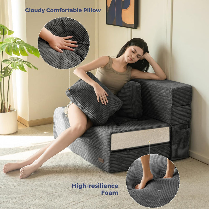 Folding Foam Sofa Bed Tri-Fold Mattress with Pillow