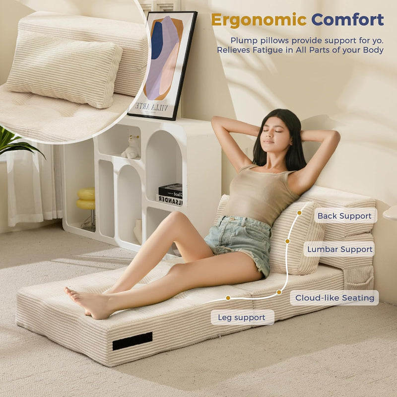 Folding Foam Sofa Bed Tri-Fold Mattress with Pillow