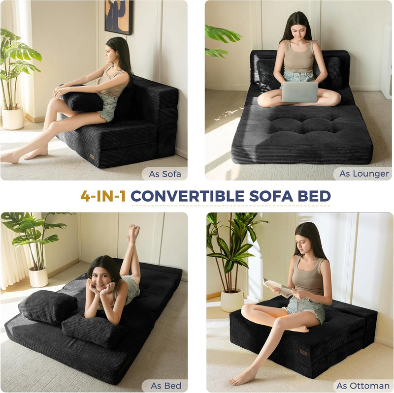 Folding Foam Sofa Bed Tri-Fold Mattress with Pillow
