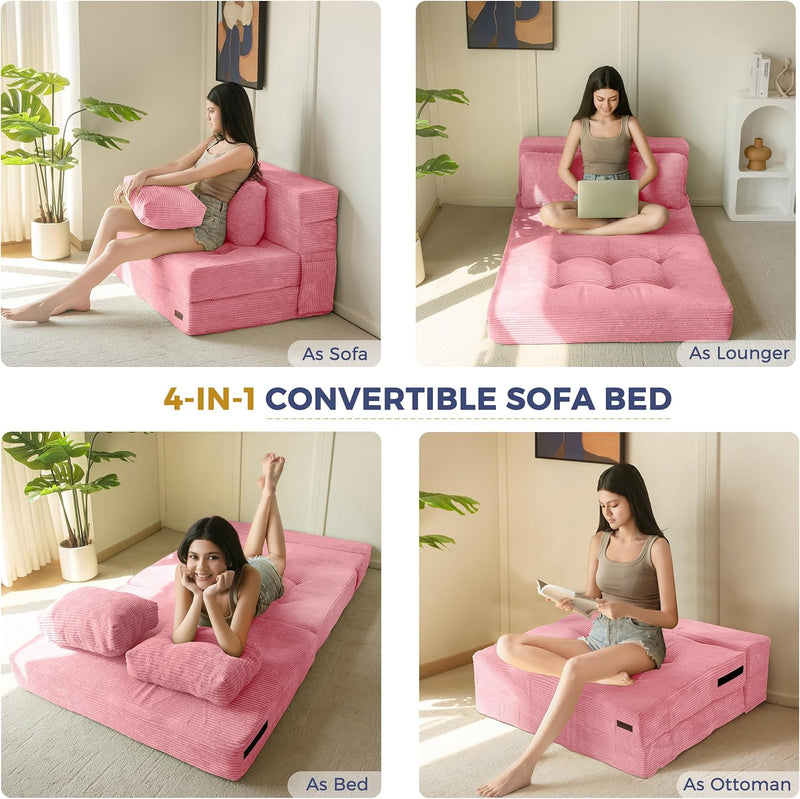 Folding Foam Sofa Bed Tri-Fold Mattress with Pillow