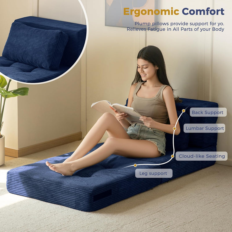 Folding Foam Sofa Bed Tri-Fold Mattress with Pillow