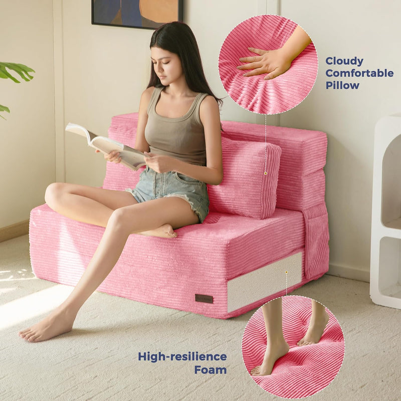 Folding Foam Sofa Bed Tri-Fold Mattress with Pillow