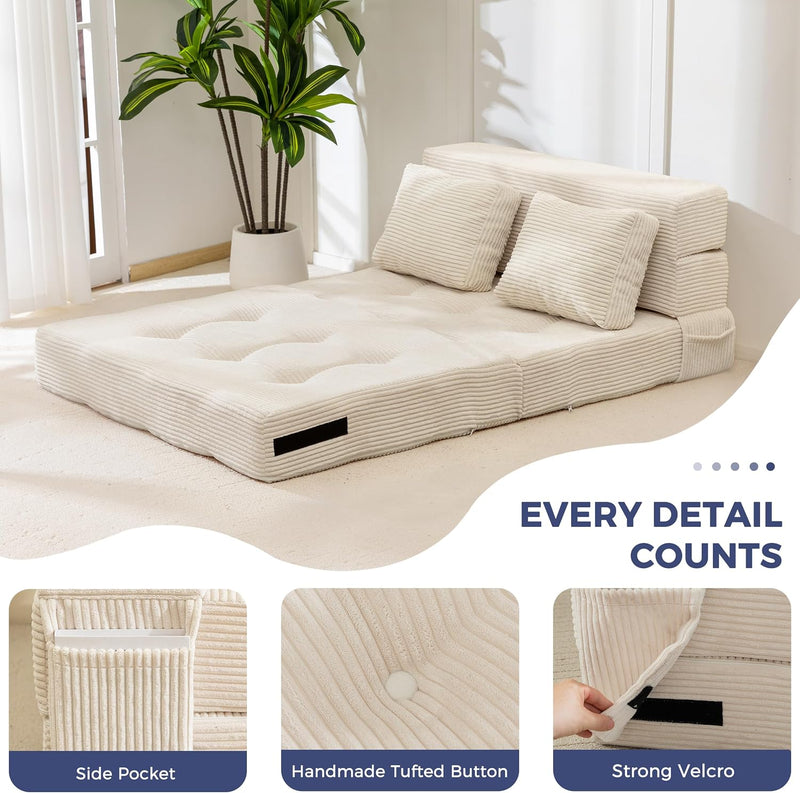Folding Foam Sofa Bed Tri-Fold Mattress with Pillow