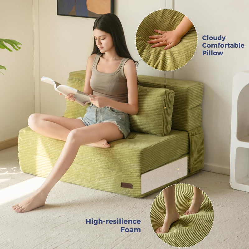 Folding Foam Sofa Bed Tri-Fold Mattress with Pillow