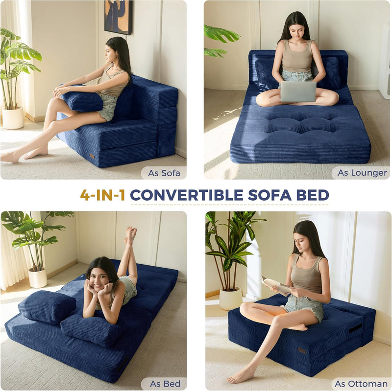 Folding Foam Sofa Bed Tri-Fold Mattress with Pillow