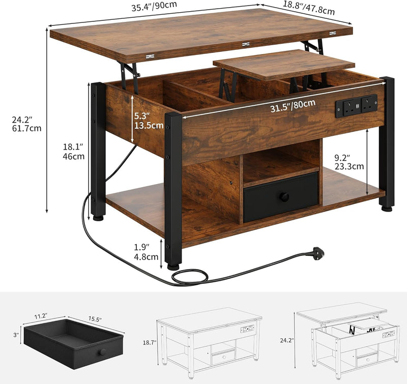 Folding Lift Top Coffee Table with Drawer 4-In-1