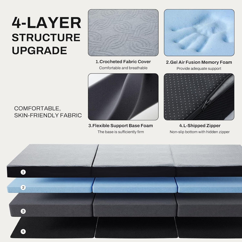 Folding Mattress Memory Foam Foldable Tri-Fold with Washable Cover