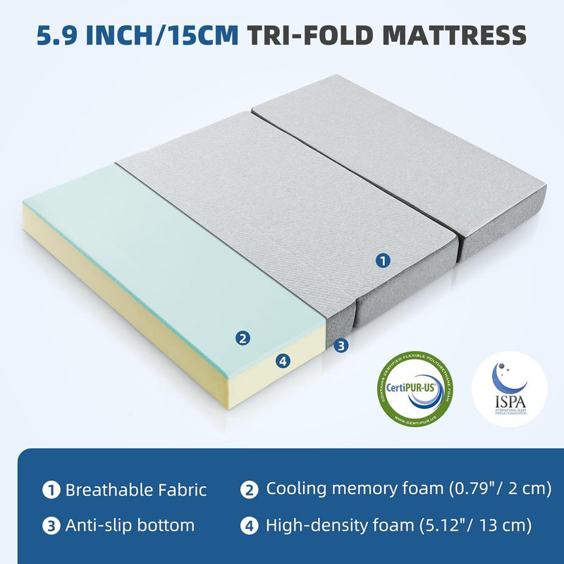 Folding Mattress Tri-Fold with Two Layer Memory Foam