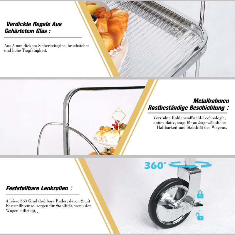 Folding Serving Trolley with Wheels 2 Tier Clear