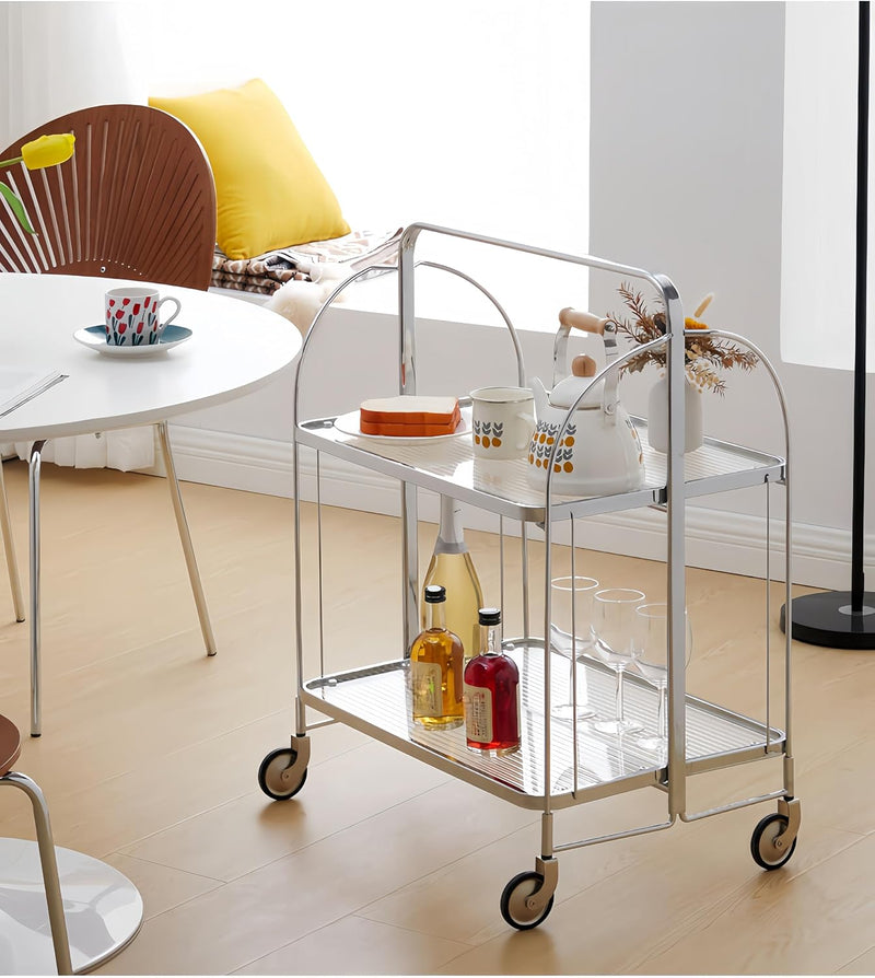 Folding Serving Trolley with Wheels 2 Tier Clear