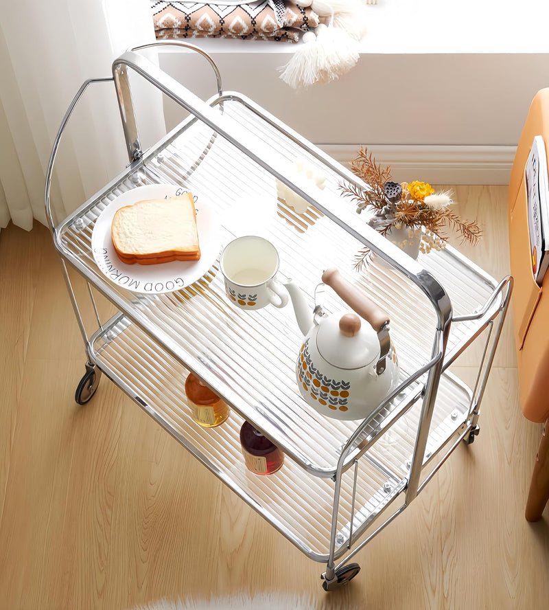 Folding Serving Trolley with Wheels 2 Tier Clear