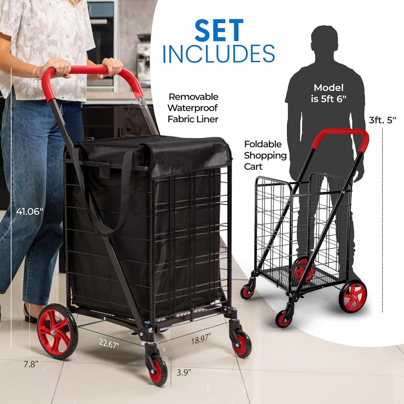 Folding Shopping Trolley Cart 50KG Capacity 360° Swivel
