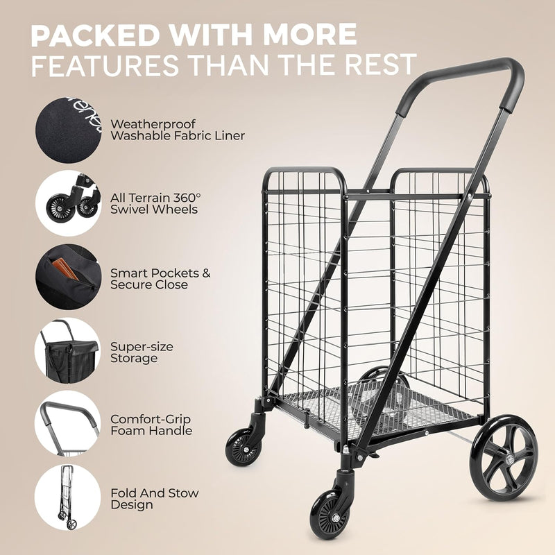 Folding Shopping Trolley Cart 50KG Capacity 360° Swivel