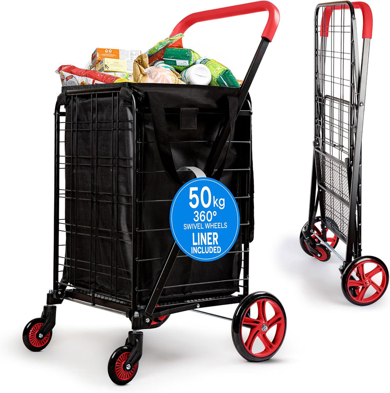 Folding Shopping Trolley Cart 50KG Capacity 360° Swivel