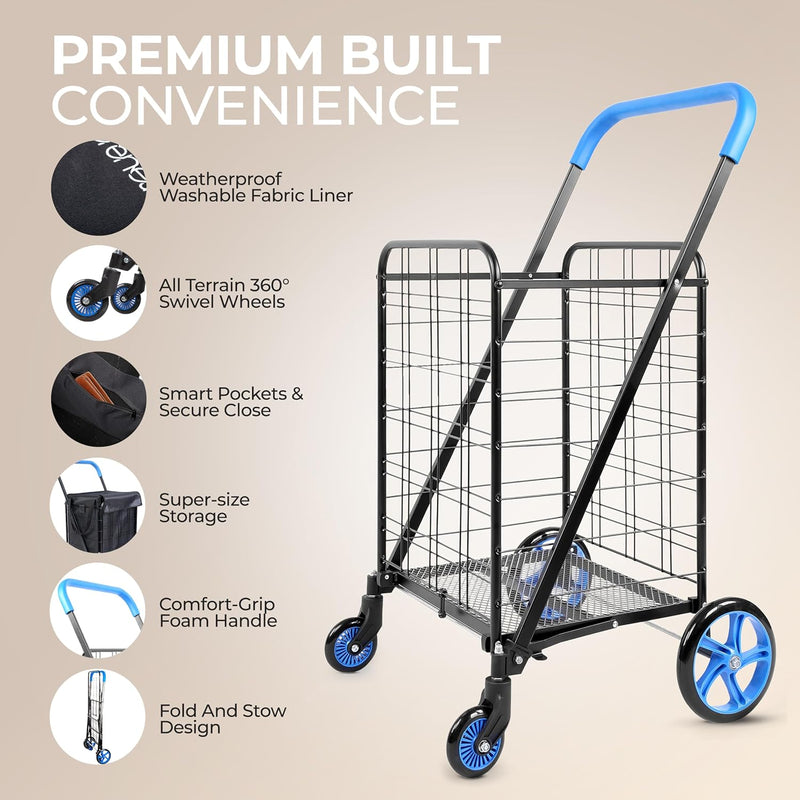 Folding Shopping Trolley Cart 50KG Capacity 360° Swivel