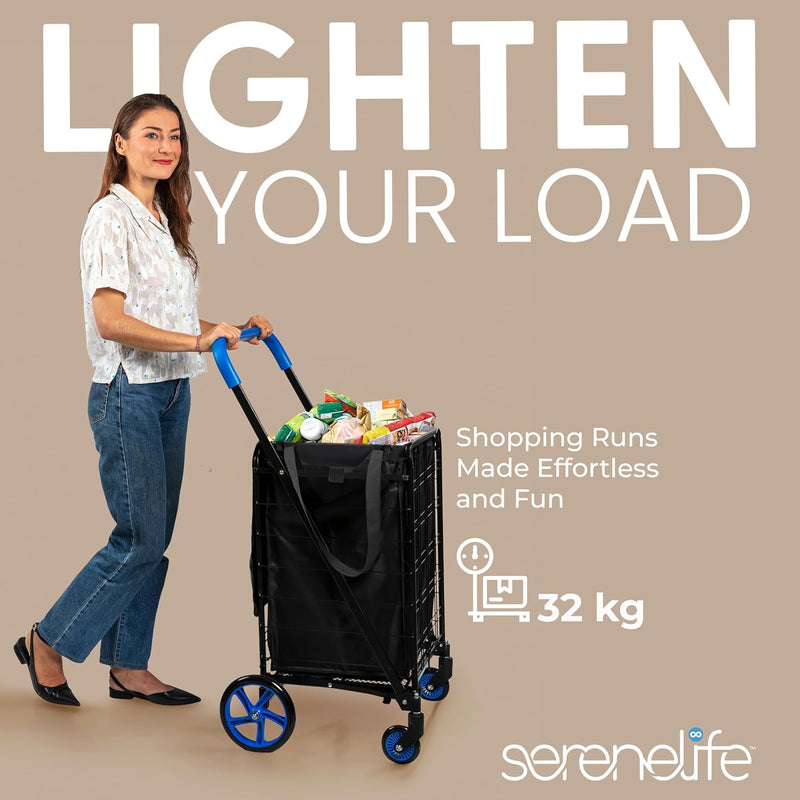 Folding Shopping Trolley Cart 50KG Capacity 360° Swivel