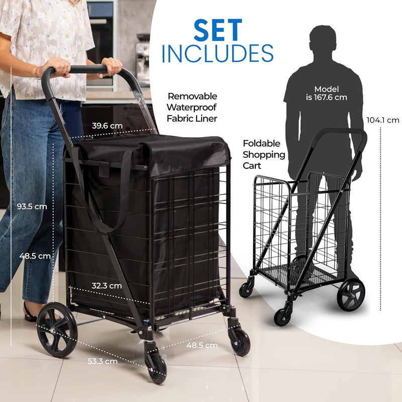 Folding Shopping Trolley Cart 50KG Capacity 360° Swivel