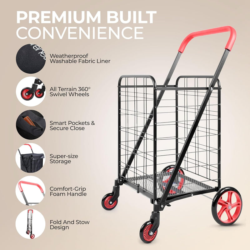 Folding Shopping Trolley Cart 50KG Capacity 360° Swivel