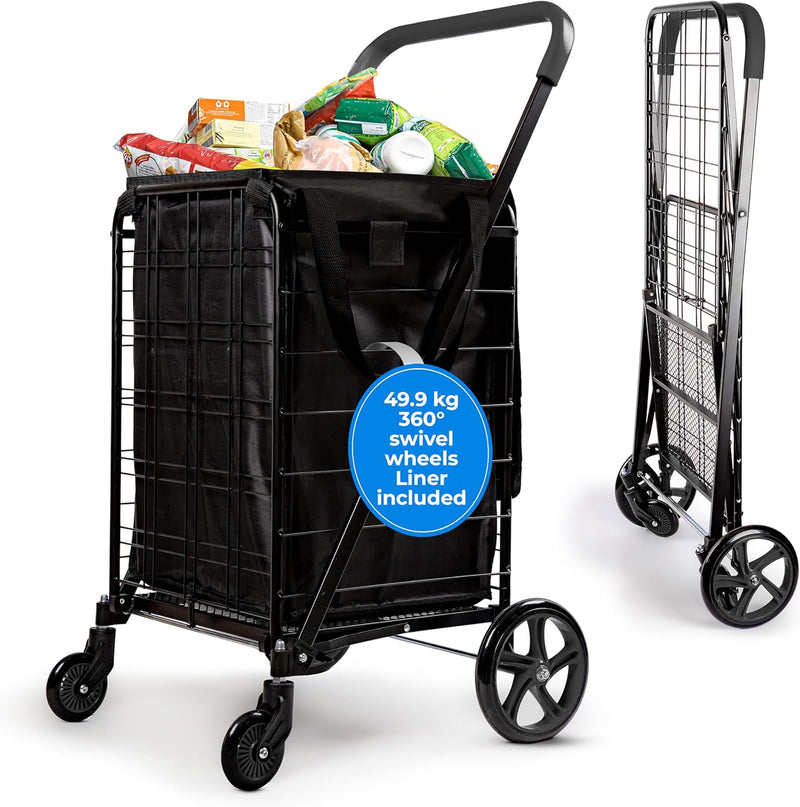Folding Shopping Trolley Cart 50KG Capacity 360° Swivel