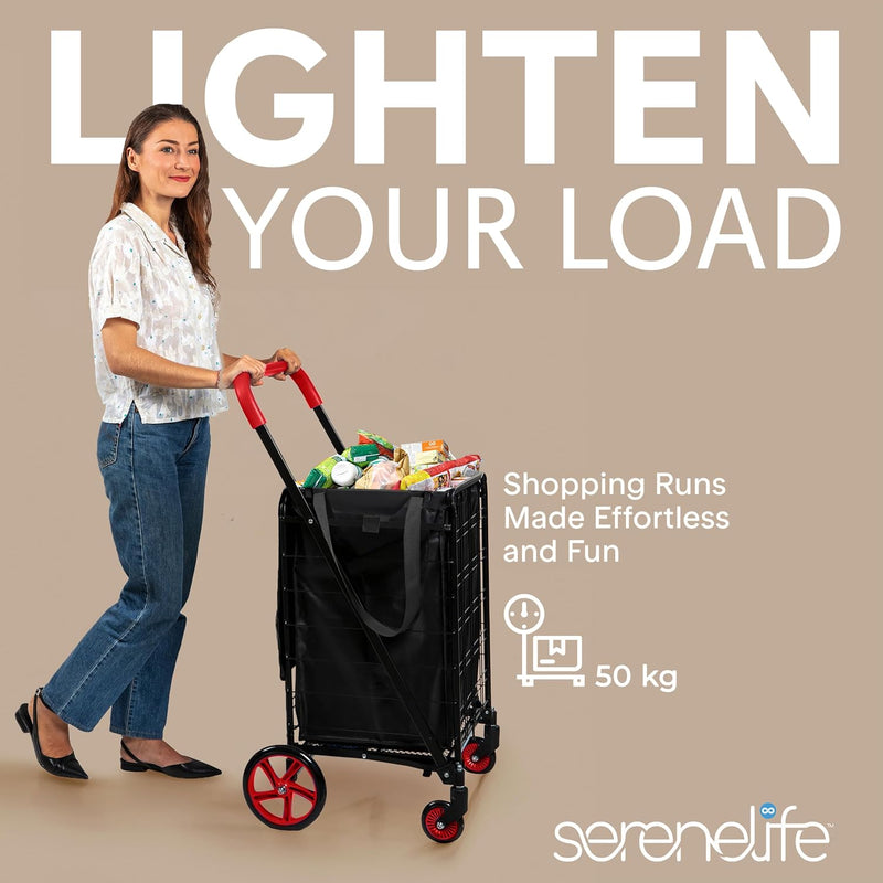 Folding Shopping Trolley Cart 50KG Capacity 360° Swivel