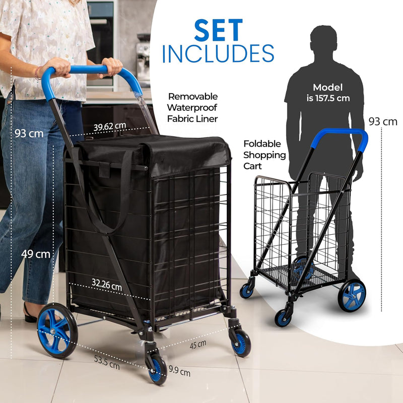 Folding Shopping Trolley Cart 50KG Capacity 360° Swivel