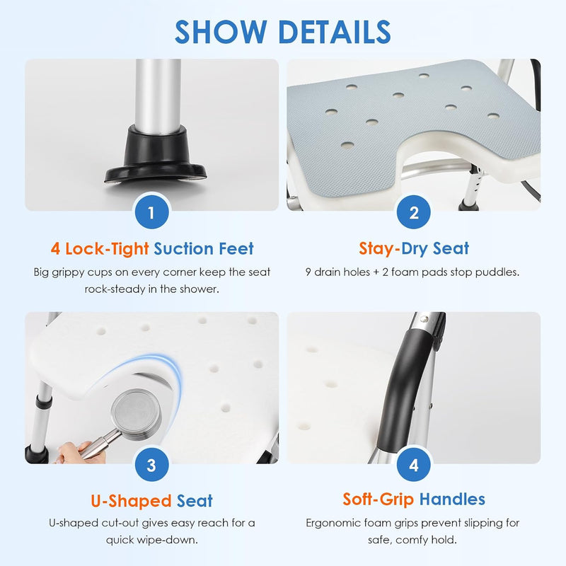 Folding Shower Chair Height Adjustable Non-Slip Seat