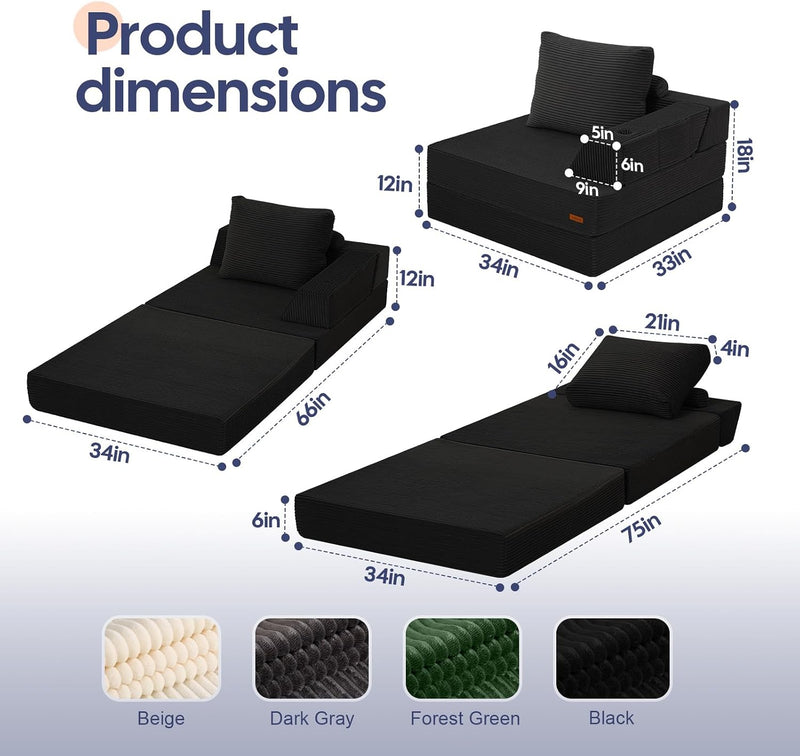 Folding Sofa Bed Convertible Boneless Couch with Pillow