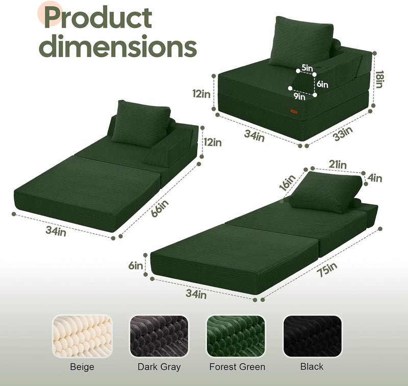 Folding Sofa Bed Convertible Boneless Couch with Pillow